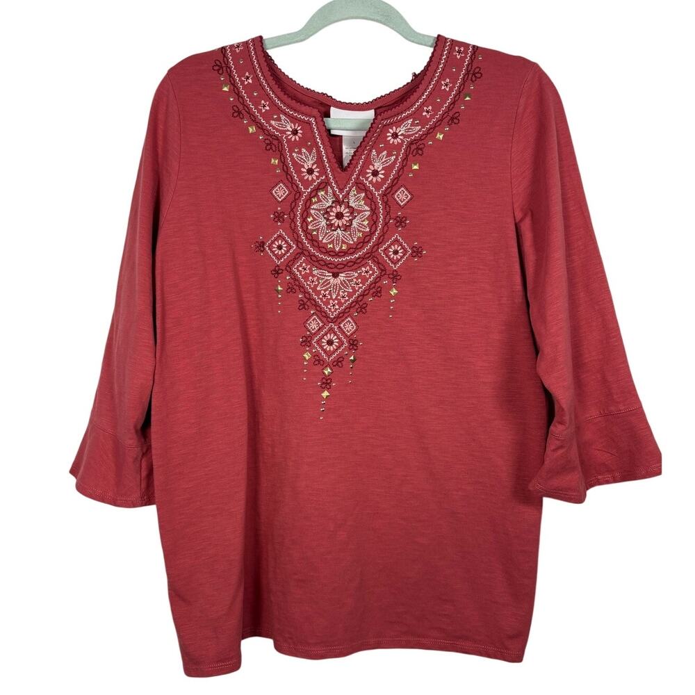 Alfred Dunner Embroidered Split Neck Top Coral Boho Floral 3/4 Sleeve Large